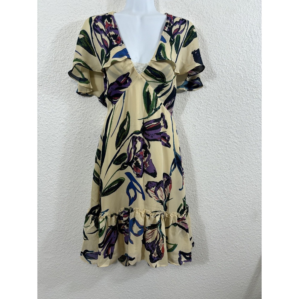 Corey Lynn Calter Dress Womens 0 Floral Silk‎ V Neck Flutter Sleeve Ruffle Hem